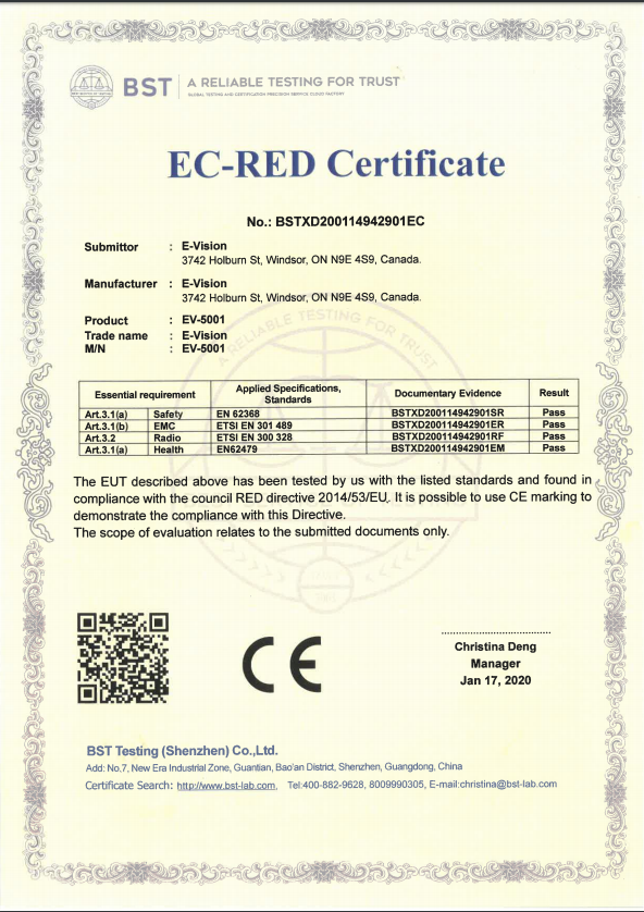 EV-5001 CE certificate