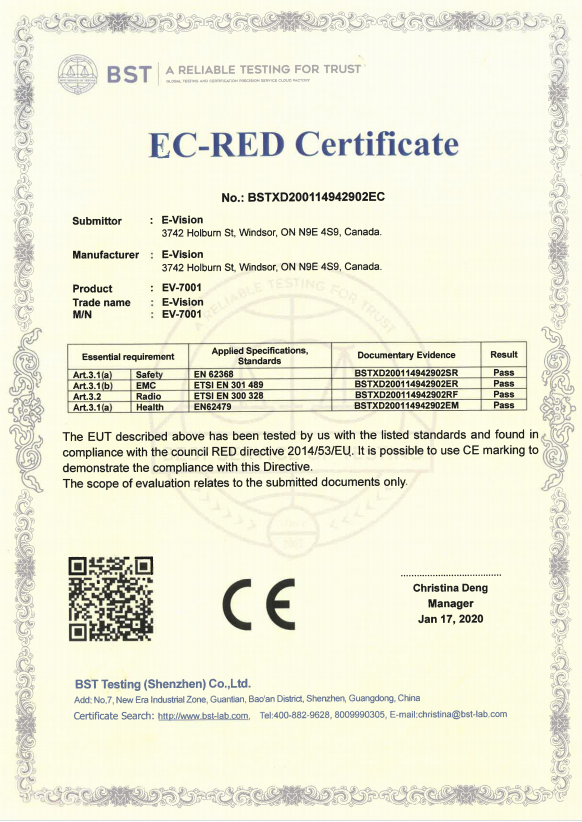 EV-7001 CE certificate
