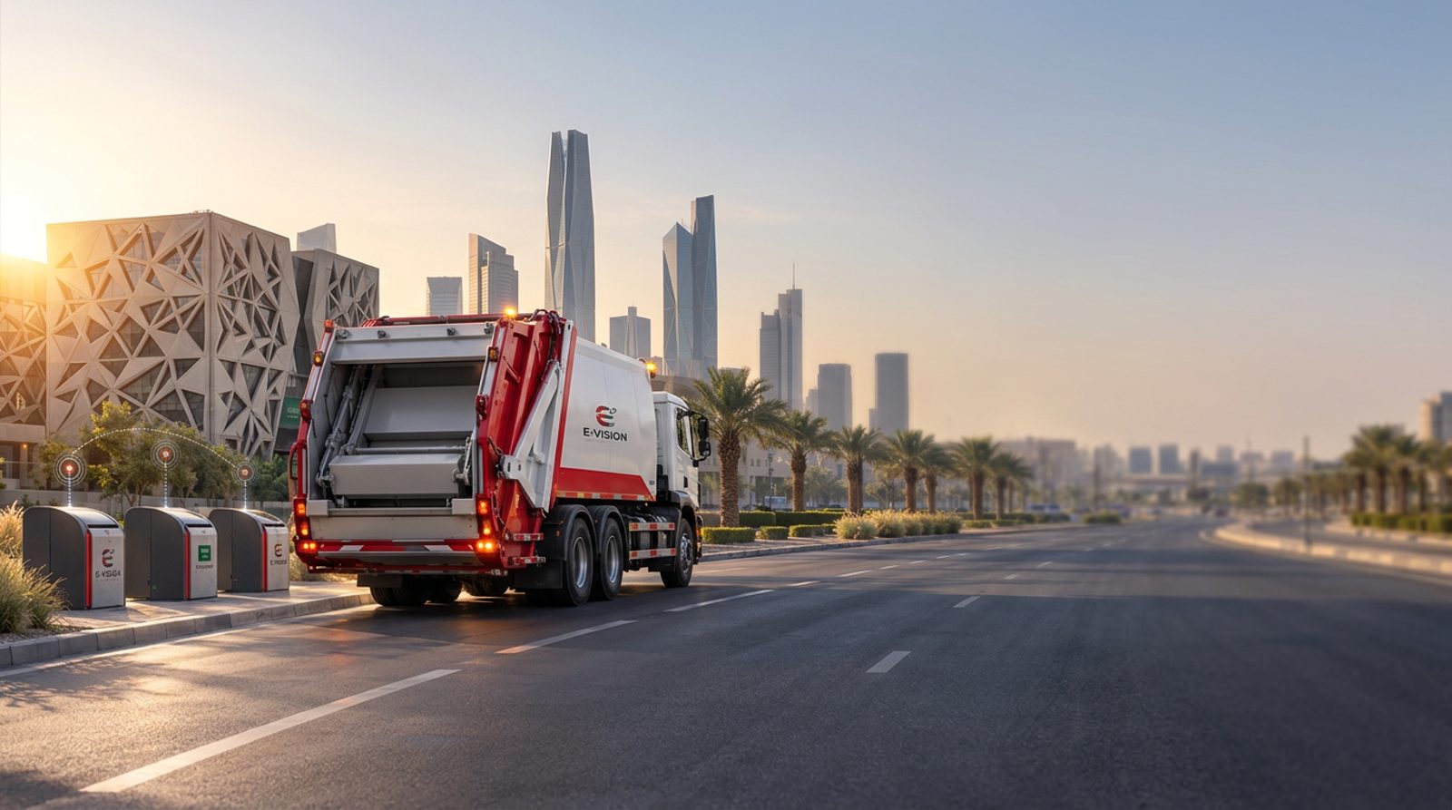 E-Vision connected waste collection vehicle with a white collector body and Saudi flags in Riyadh